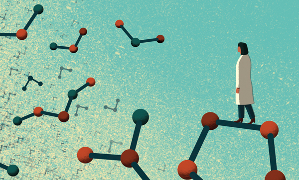illustration of a woman scientist standing on a molecular bond watching the pieces of molecule fly away like birds